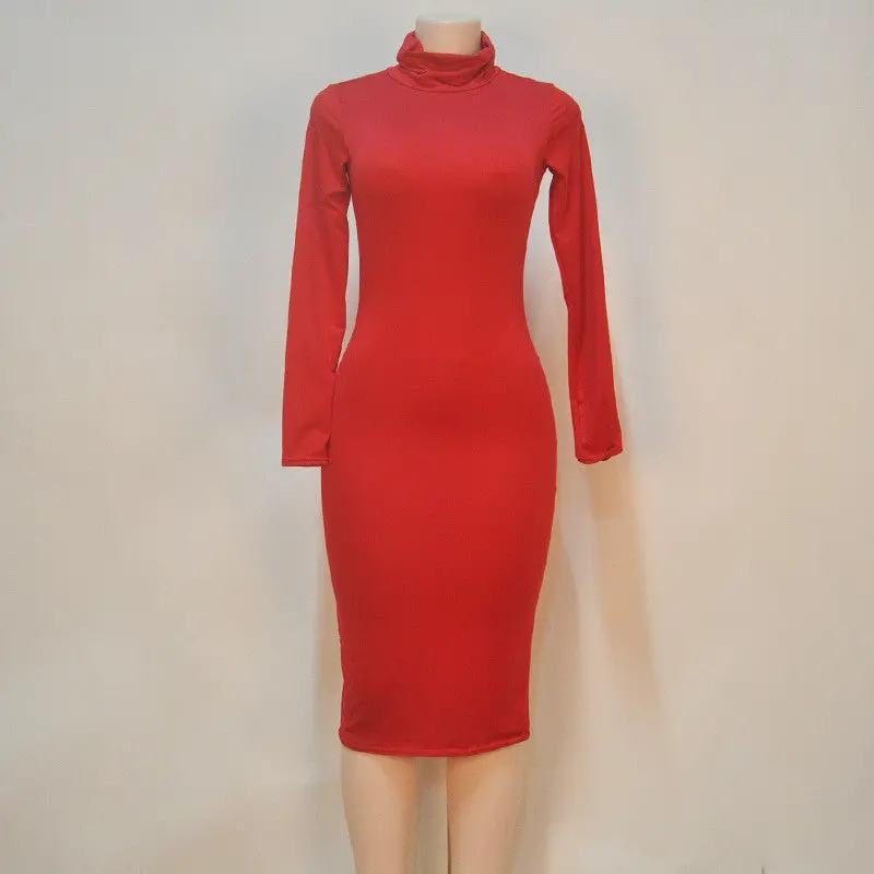 Solid Long-Sleeve Bodycon Dress – Warm, Slim-Fit Evening Dress for Women