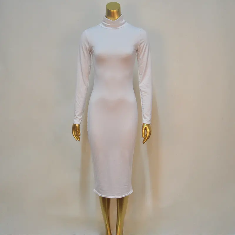 Solid Long-Sleeve Bodycon Dress – Warm, Slim-Fit Evening Dress for Women
