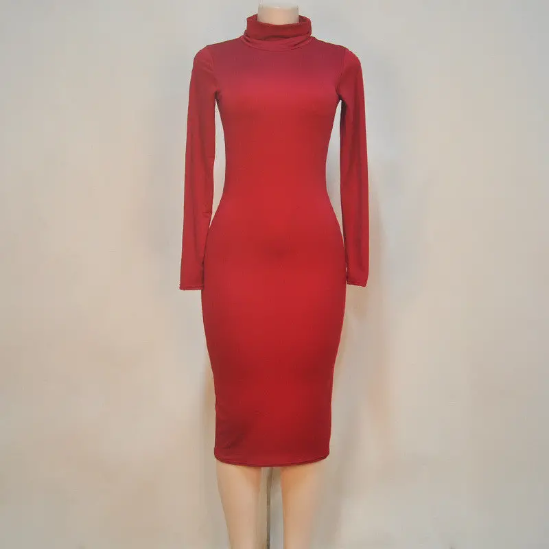 Solid Long-Sleeve Bodycon Dress – Warm, Slim-Fit Evening Dress for Women