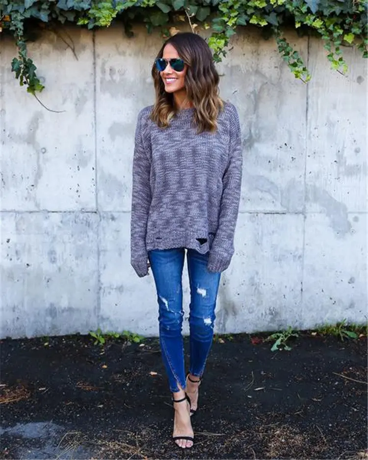 Solid Slim Fit Pullovers Knitted Sweater With Grey Black Hem Hole Tops Plus Size Knittwear Lx090 1