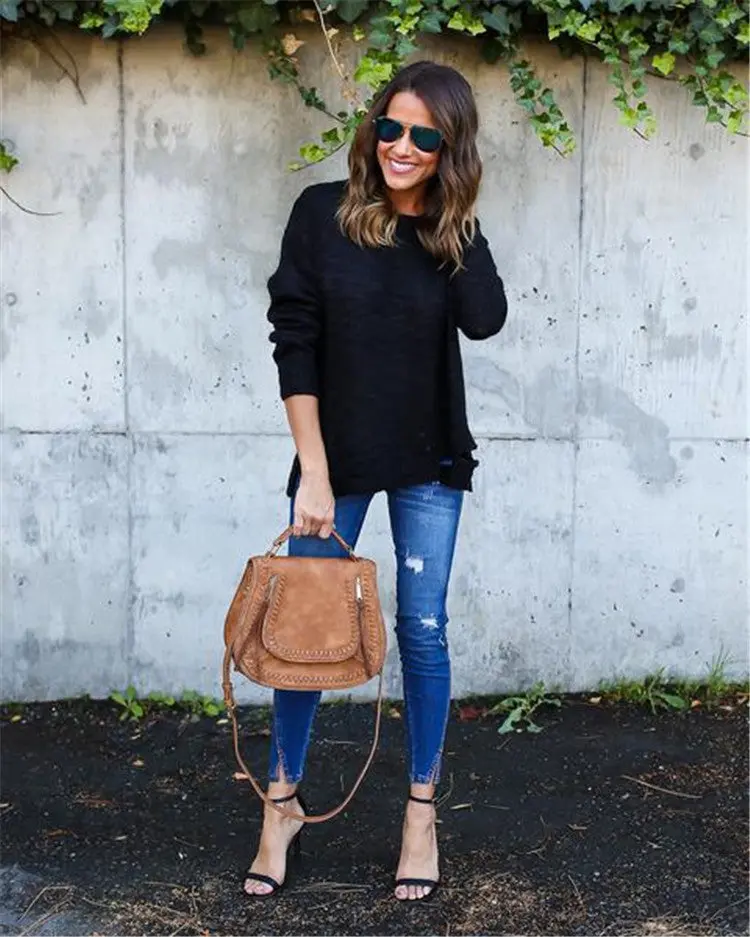Solid Slim Fit Pullovers Knitted Sweater With Grey Black Hem Hole Tops Plus Size Knittwear Lx090 5