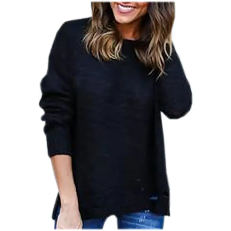 Solid Slim Fit Pullovers Knitted Sweater With Grey Black Hem Hole Tops Plus Size Knittwear Lx090 5
