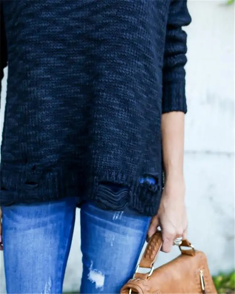 Solid Slim Fit Pullovers Knitted Sweater With Grey Black Hem Hole Tops Plus Size Knittwear Lx090 7