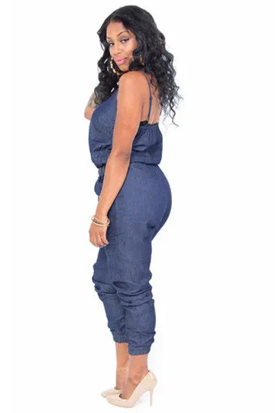 Spaghetti Strap Skinny Look Denim Jumpsuit Rompers Long Pants Sleeveless Jean Denim Overalls 64062 5