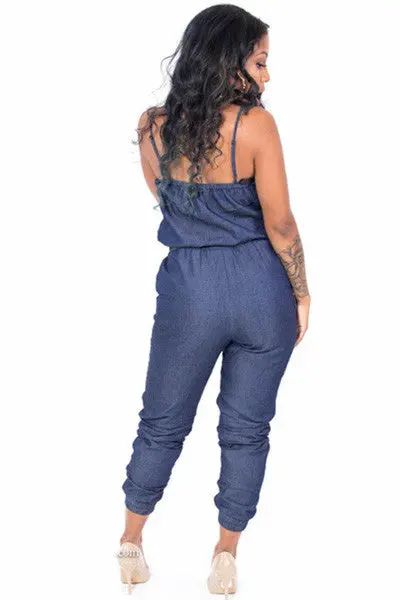 Spaghetti Strap Skinny Look Denim Jumpsuit Rompers Long Pants Sleeveless Jean Denim Overalls 64062 6