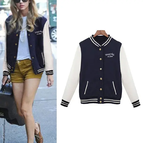 Splice Sleeves Stand Collar Uniform Couples Varsity Baseball Jacket Women Snap-Button Navy Blue Pink Jacket College Jacket Coat 1