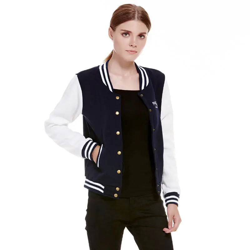 Splice Sleeves Stand Collar Uniform Couples Varsity Baseball Jacket Women Snap-Button Navy Blue Pink Jacket College Jacket Coat 3