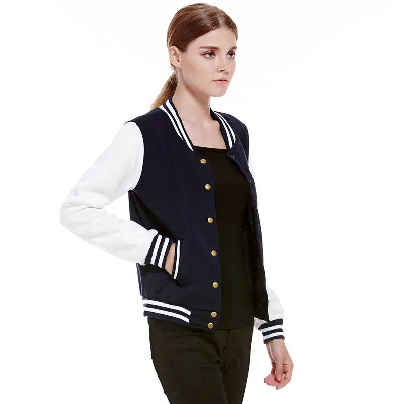 Splice Sleeves Stand Collar Uniform Couples Varsity Baseball Jacket Women Snap-Button Navy Blue Pink Jacket College Jacket Coat 4