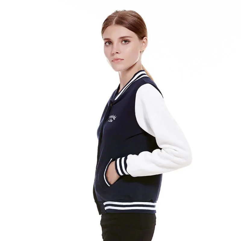 Splice Sleeves Stand Collar Uniform Couples Varsity Baseball Jacket Women Snap-Button Navy Blue Pink Jacket College Jacket Coat 5