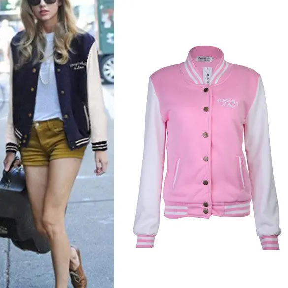 Splice Sleeves Stand Collar Uniform Couples Varsity Baseball Jacket Women Snap-Button Navy Blue Pink Jacket College Jacket Coat 6