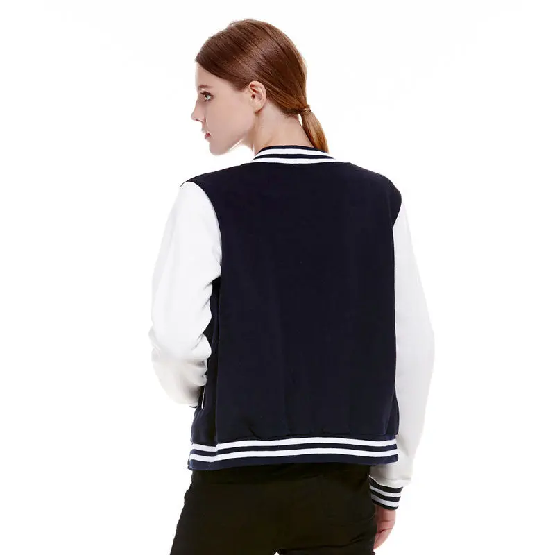 Splice Sleeves Stand Collar Uniform Couples Varsity Baseball Jacket Women Snap-Button Navy Blue Pink Jacket College Jacket Coat 6