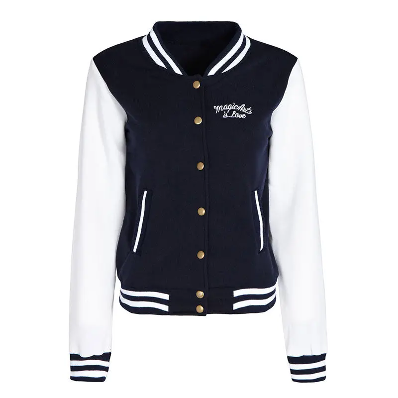 Splice Sleeves Stand Collar Uniform Couples Varsity Baseball Jacket Women Snap-Button Navy Blue Pink Jacket College Jacket Coat 7