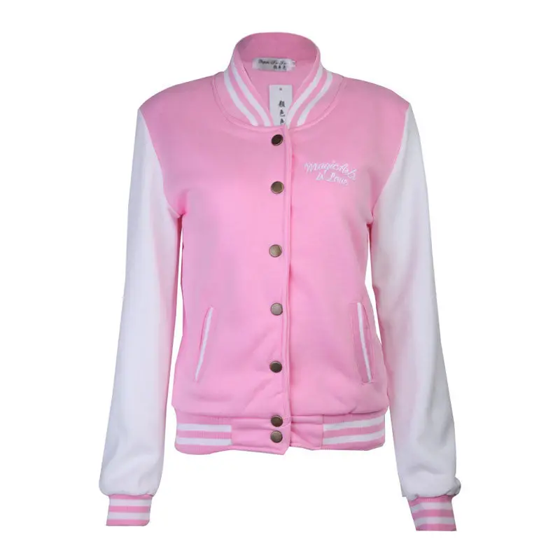 Splice Sleeves Stand Collar Uniform Couples Varsity Baseball Jacket Women Snap-Button Navy Blue Pink Jacket College Jacket Coat 8