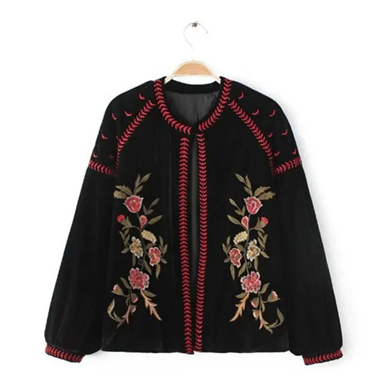 Spliced Beading Embroidery Floral Velet Jacket Retro Women O Neck Long Sleeve Cardigan Velour Jacket Coat Outerwear 2