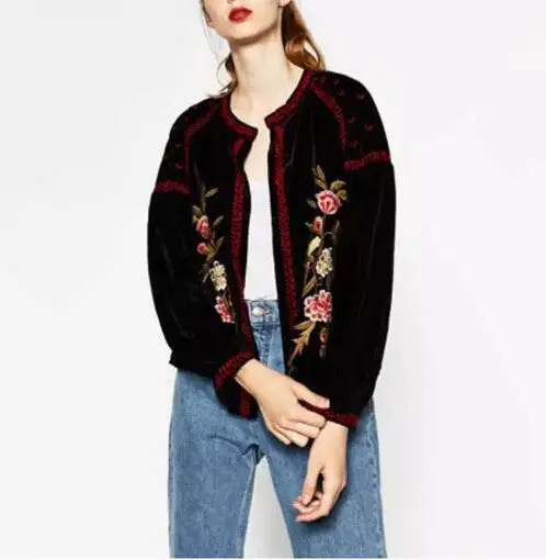 Spliced Beading Embroidery Floral Velet Jacket Retro Women O Neck Long Sleeve Cardigan Velour Jacket Coat Outerwear 3