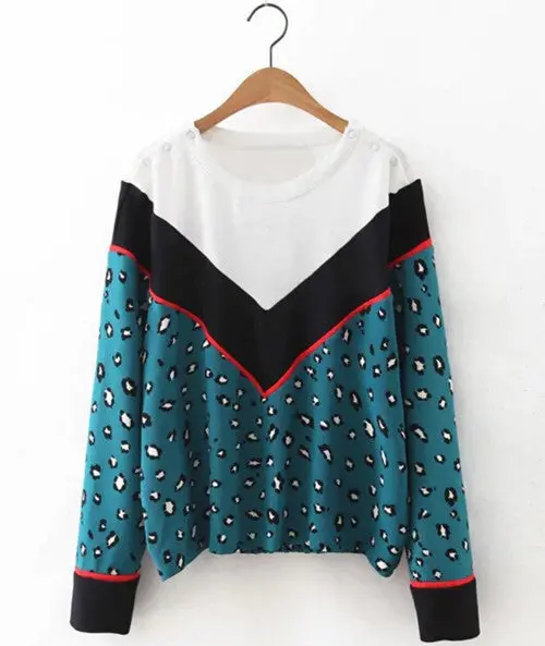 Spliced Contrast Color Leopard Sweatshirt Retro Women O Neck Buttons Shoulder Long Sleeve Loose Jumper Pullovers Femme Tops 1