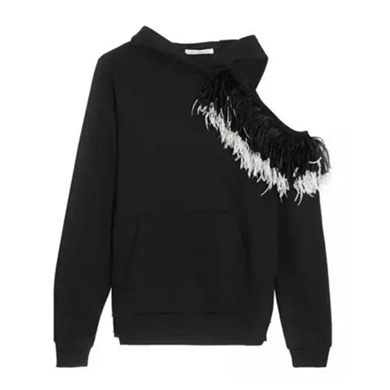 Spliced Feather Single Off Shoulder Sweatshirt Women Asymmetric Hooded Pullover Hoodies Casual Jumper Sweats Tops Black 1