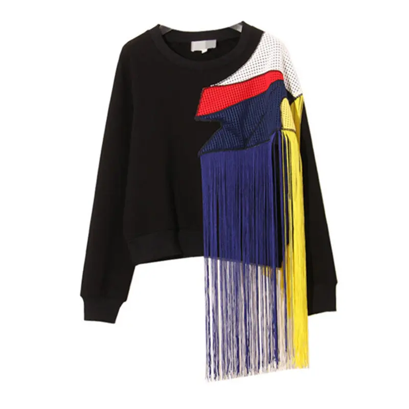 Spliced Mesh Rainbow Tassels Sweatshirt Women O Neck Patchwork Pullover Hoodies Casual Jumper Sweats Tops Black 1