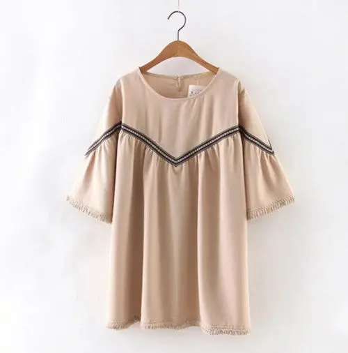 Spliced Tassel Hem Embroidery Dress Woman O Neck Flare Sleeve Loose Short Dresses Femme Ethnic Dress S M L 1
