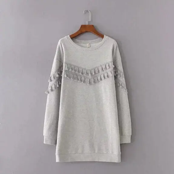 Spliced Tassel Sweatshirt Women's O Neck Long Sleeve Casual Mid Long Jumper Fringede Hoodies Sweats Tops Gray 1