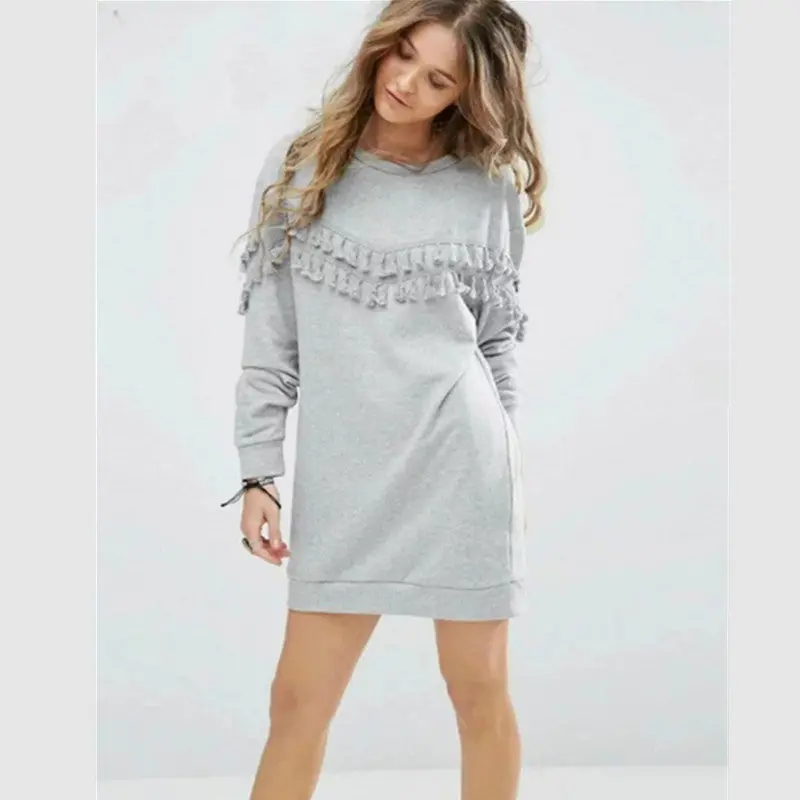 Spliced Tassel Sweatshirt Women's O Neck Long Sleeve Casual Mid Long Jumper Fringede Hoodies Sweats Tops Gray 2