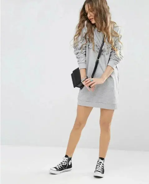 Spliced Tassel Sweatshirt Women's O Neck Long Sleeve Casual Mid Long Jumper Fringede Hoodies Sweats Tops Gray 3
