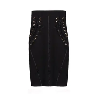 Split Metal Cuffs Eyelets Lace Up Slim Skirt Sexy Lady High Waist Patchwork Bodycon Package Hips Skirt Black 1