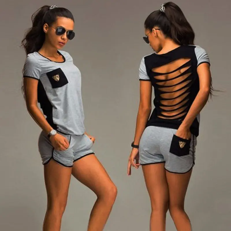 Sport Tracksuits For Women Back Hollow 2 Piece Set Women Sports Suit Sweatshirt+Shorts Women Clothing Set 1