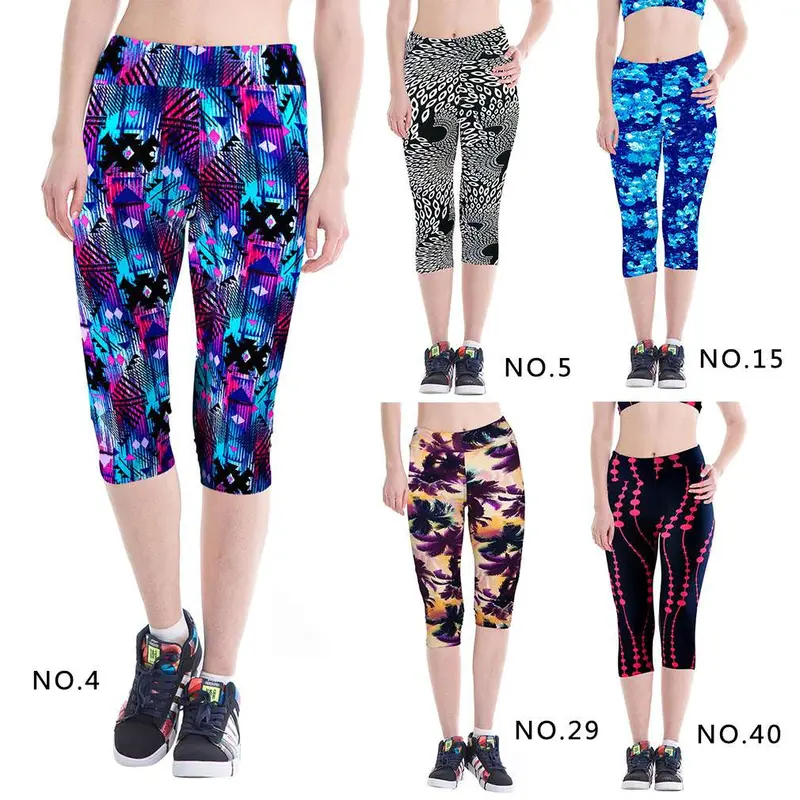 Sports Yoga Fitness Three Quarter Length Printing Legging Pants Breathable Running Pants High Waisted Trousers 11