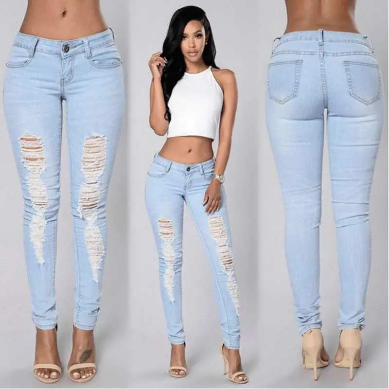Ssexy Ladies Blue Jeans Skinny Slendereuropean Pencil Pants Ripped Holes Denim Jeanpants 1