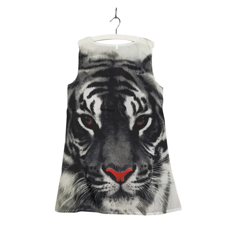 Sstylish Tiger Head Digital Printing O-Neckline Short Dress Stretchy Cotton Loose Dress 1