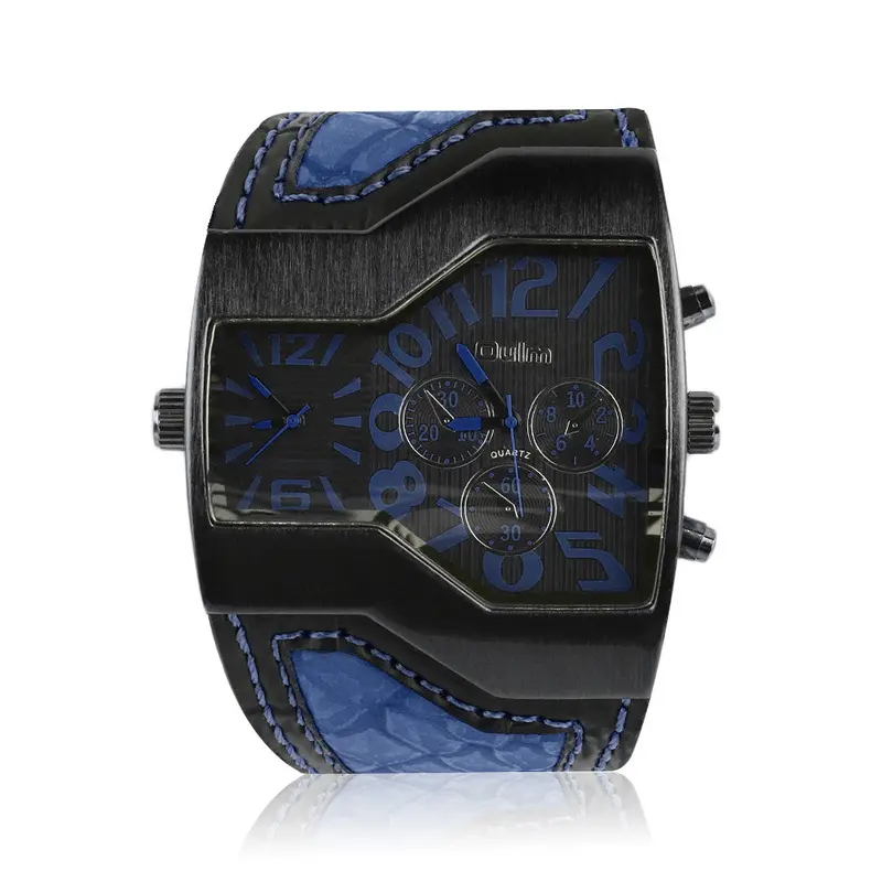 Stainless Steel Case 2 Quartz Movets Wide Pu Leather Strap Quartz Wrist Watch Time Gift 1