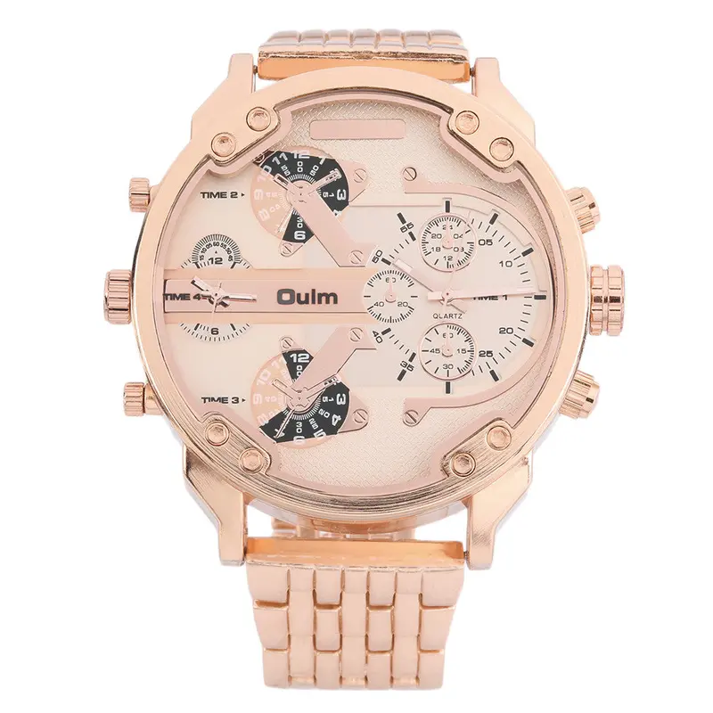 Stainless Steel Dual Time Zonequartz Watch Luxury Gold Color Oversize Dialbirthday Gift Watch 1