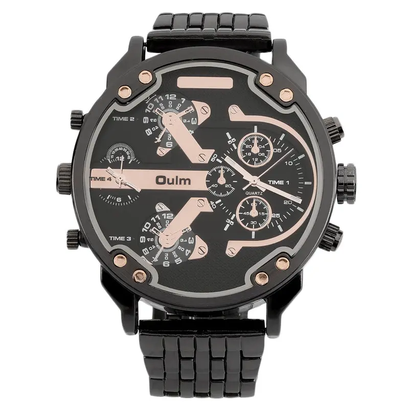 Stainless Steel Dual Time Zonequartz Watch Luxury Gold Color Oversize Dialbirthday Gift Watch 4