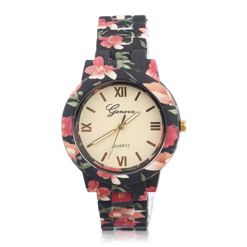Stainless Steel Wristwatch Floral Rose Flower Printed Stylecasual Quartz Watch 3