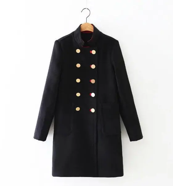 Stand Collar Double Breasted Wool Blend Trench Women Long Sleeve Mid Long Windbreaker Coat Outerwear Black 1