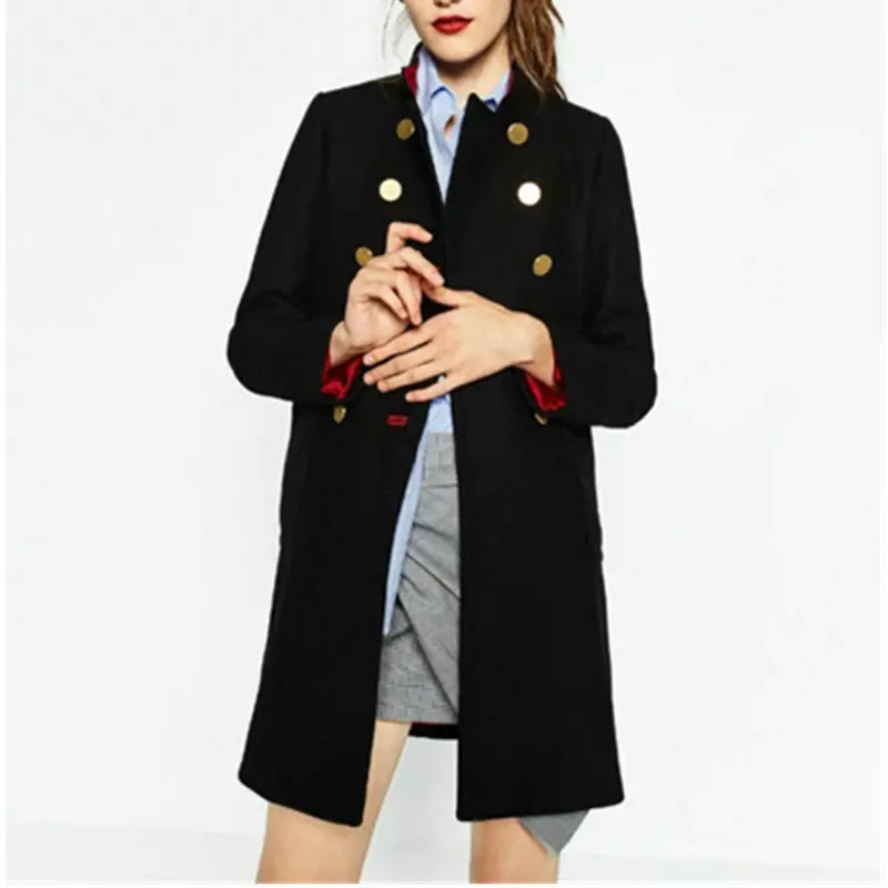 Stand Collar Double Breasted Wool Blend Trench Women Long Sleeve Mid Long Windbreaker Coat Outerwear Black 2