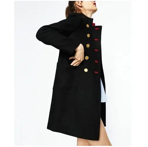Stand Collar Double Breasted Wool Blend Trench Women Long Sleeve Mid Long Windbreaker Coat Outerwear Black 3
