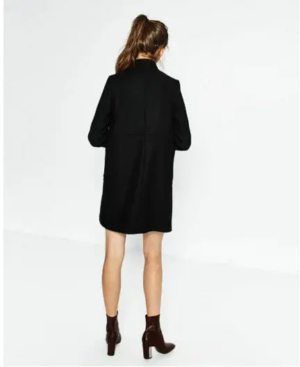 Stand Collar Double Breasted Wool Blend Trench Women Long Sleeve Mid Long Windbreaker Coat Outerwear Black 4