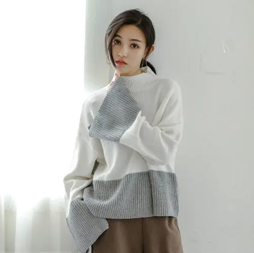 Stand Collar Slit Flare Sleeve Sweater Women Contrast Color Knitwear Jumper Pullovers Kleding Jerseis Femme 1