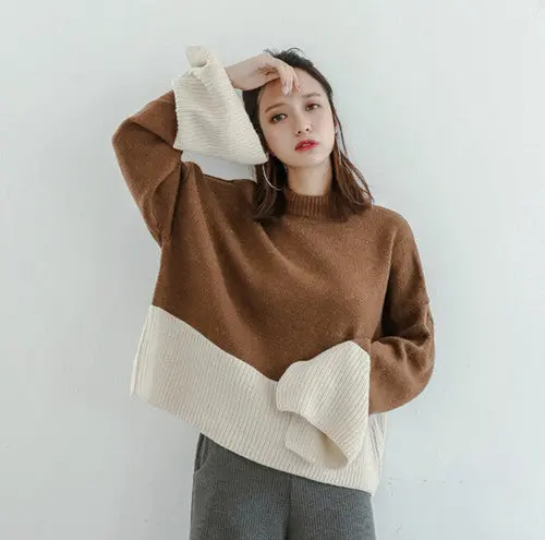 Stand Collar Slit Flare Sleeve Sweater Women Contrast Color Knitwear Jumper Pullovers Kleding Jerseis Femme 2