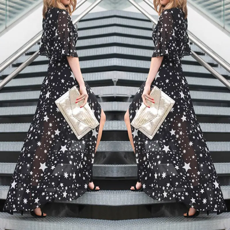 Star Printed V-Neck Boho Dress Ball Gowns Robes High Waist Vestido Floor-Length Chiffon Long Dress Vestido De Festa 2