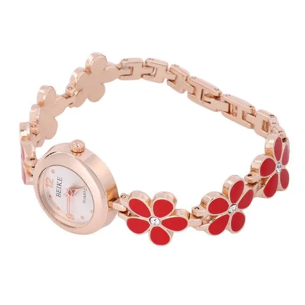 Steel Five Leaves Grass Flowers Wristwatch Watch Gold Strap Bracelet 1