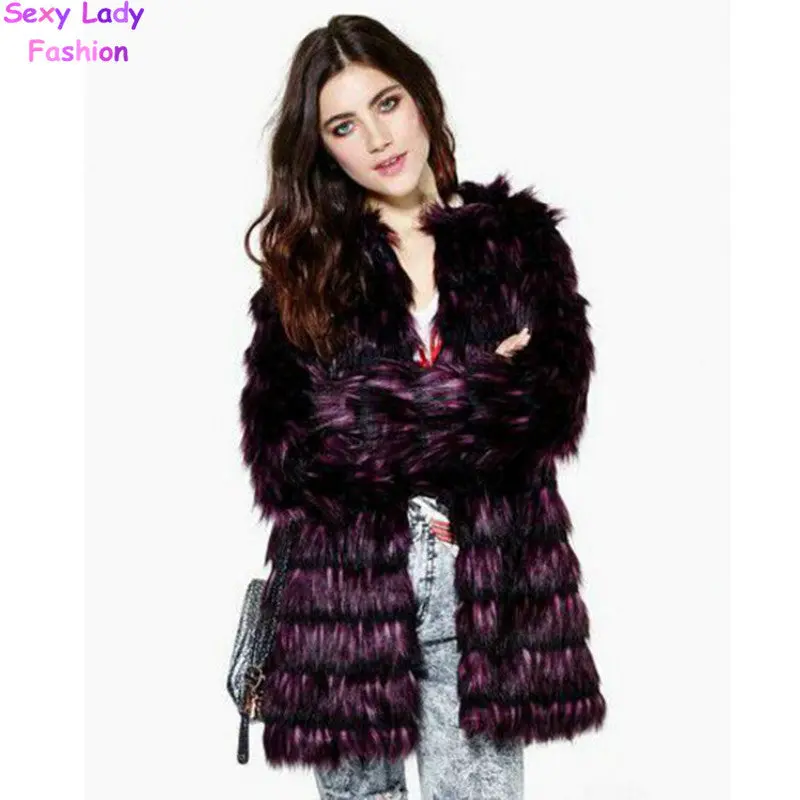 Stitching Hairy Shaggy Faux Fox Fur Coat Round Neck Contrast Color Horizontal Striped Jackets Long Coat Outerwear Femme S M L 1
