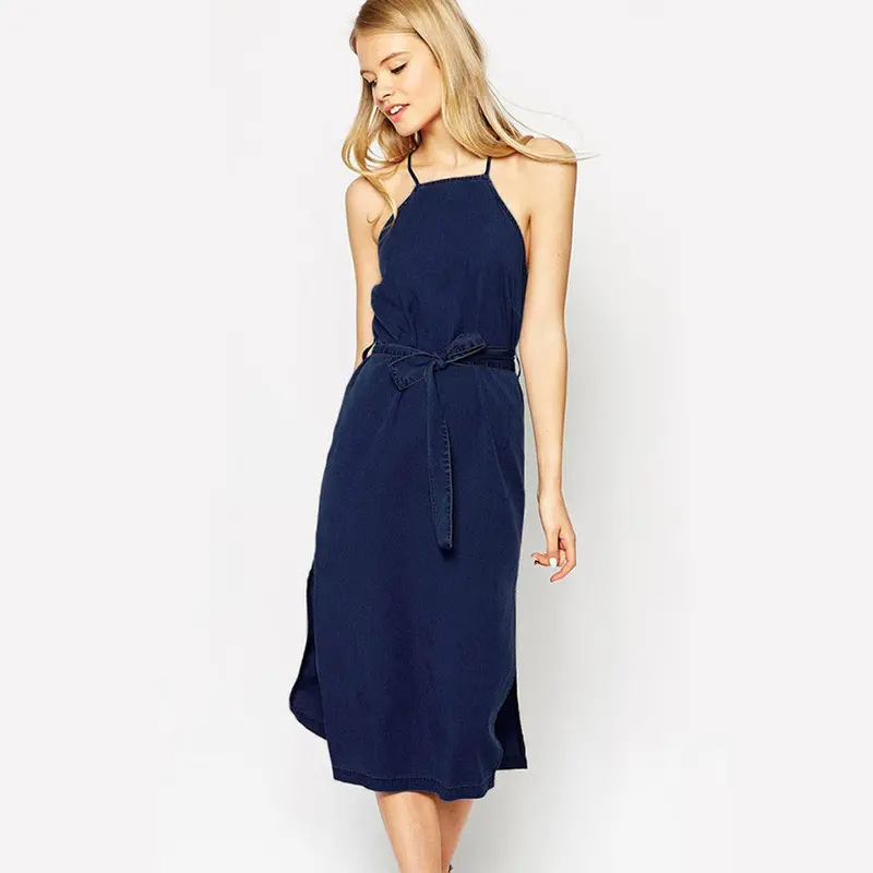 Strapless Denim Dress Sleeveless Backless Long Dresses Elegant Asymmetrical Blue Belt Denim Jeans Dress Wo 1