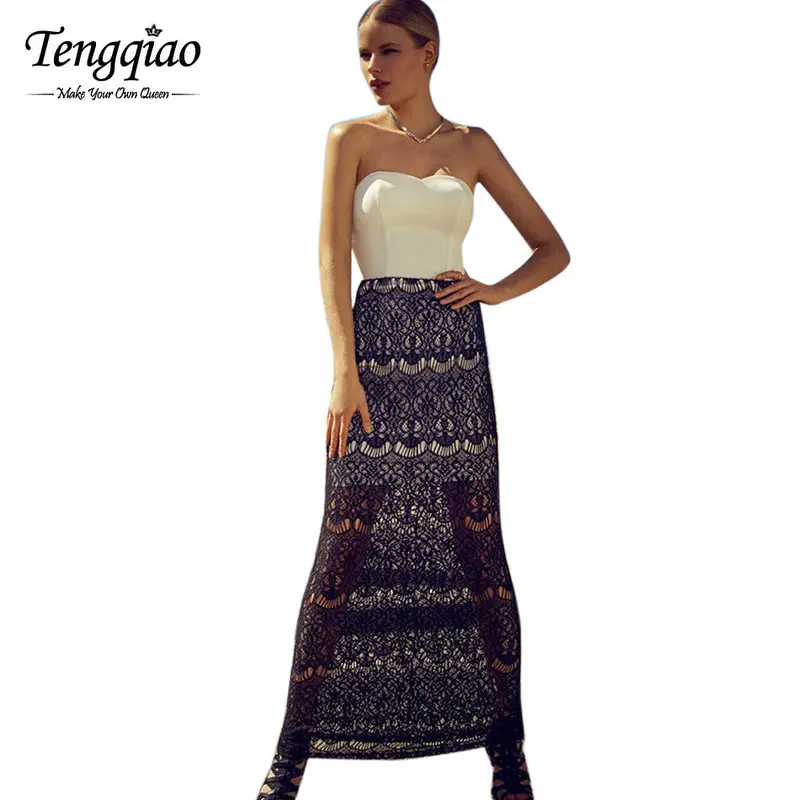 Strapless Two Piece Dress Set Outfits A Line Maxi Long Dress Off The Shoulder Patchwork Two Piece Lace Dress 1
