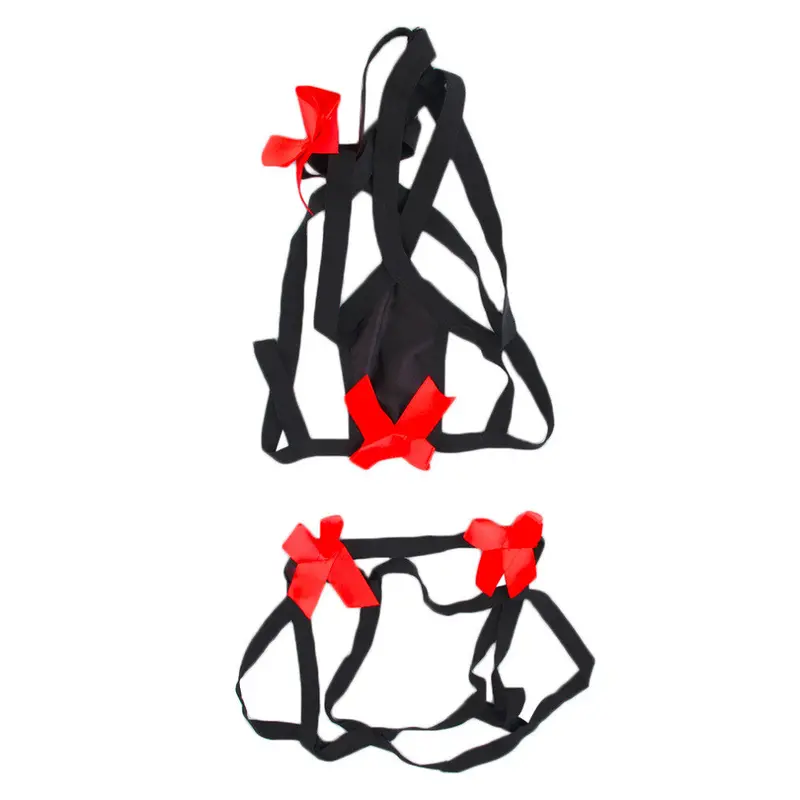 Strappy Open Design Sexylingerie 2 Pc Strappy Open Bust Bra With Red Bows Bikini Set With Black Color 1