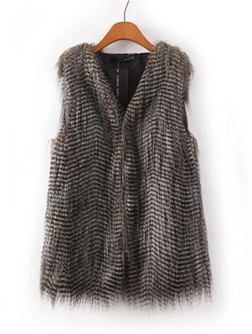 Street Bloggers Celebrity Style Hairy Shaggy Faux Peacock Fur Vest Waistcoat Gilet Women's Outercoat Coat Tops 1