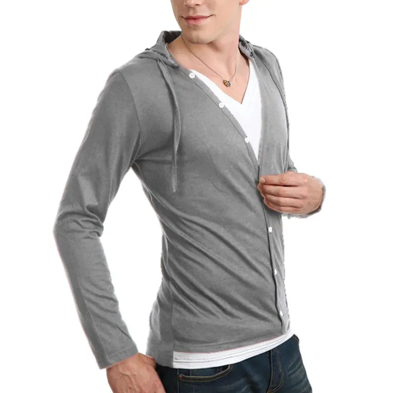 Street Boy Men Button Front Sleeve V-Neck Solid Casual Slim Fit Shirts 2