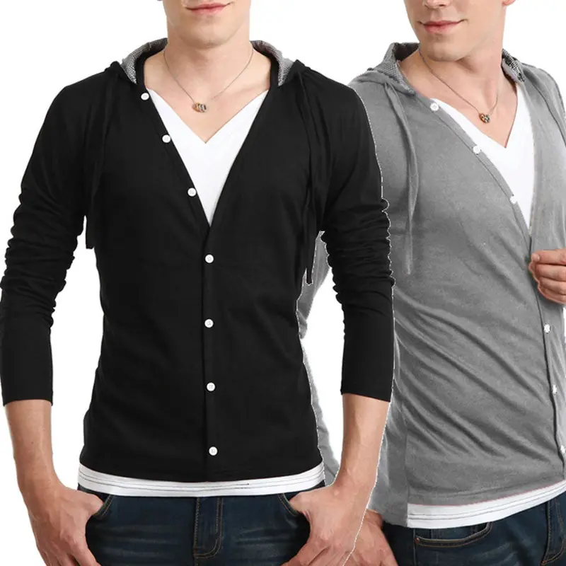 Street Boy Men Button Front Sleeve V-Neck Solid Casual Slim Fit Shirts 3